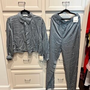 Sandro Gray Embellished Satin Shirt and Jogger Set